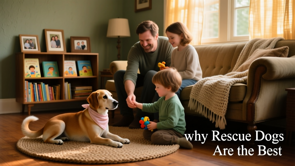 A cozy living room scene showing a foster family playing gently with a shy, medium-sized dog wearing a soft bandana