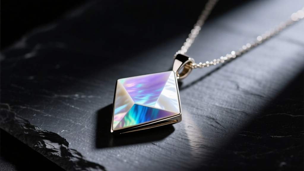 Close-up of a modern geometric mother of pearl pendant necklace resting on dark slate, highlighting the iridescent nacre luster