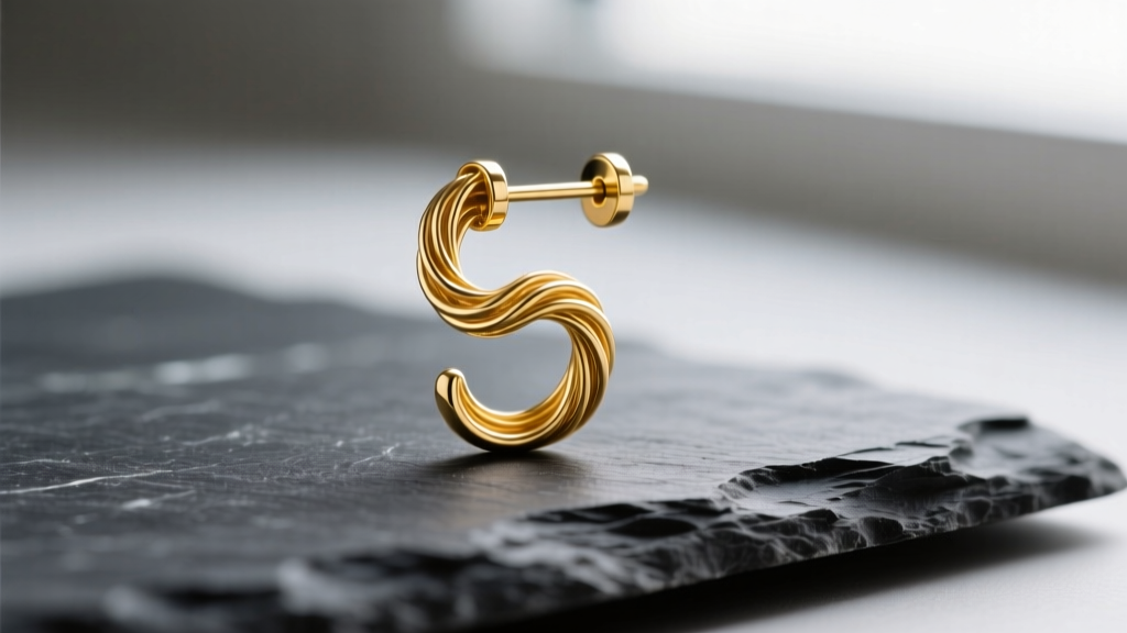 Macro photo of a 14k yellow gold ear climber earring on dark slate, showing the S-curve wire tension mechanism and post.