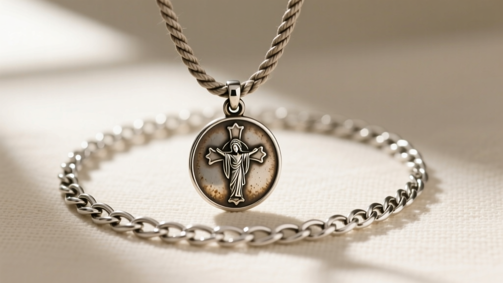 Layered setup featuring a 22mm Saint Christopher medallion on a rope chain, paired with a thinner sterling silver figaro chain.