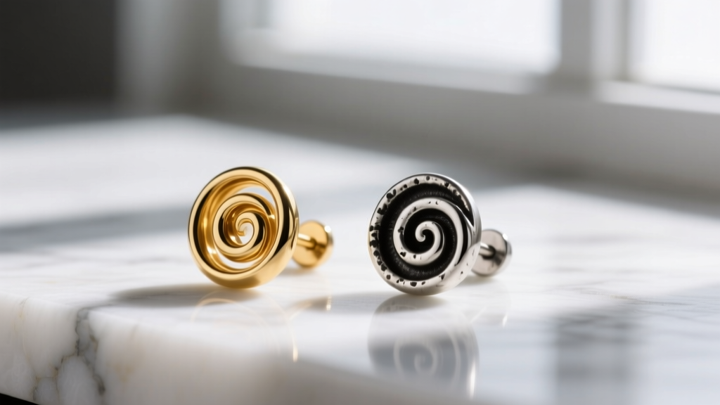 Macro shot comparing a 14k gold scroll stud and an oxidized silver scroll stud, showing the contrasting metal finishes.