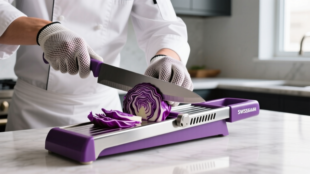Chef wearing a cut-resistant mesh glove slicing thin purple cabbage leaves on an amethyst-colored Swissmar V-Slicer mandoline