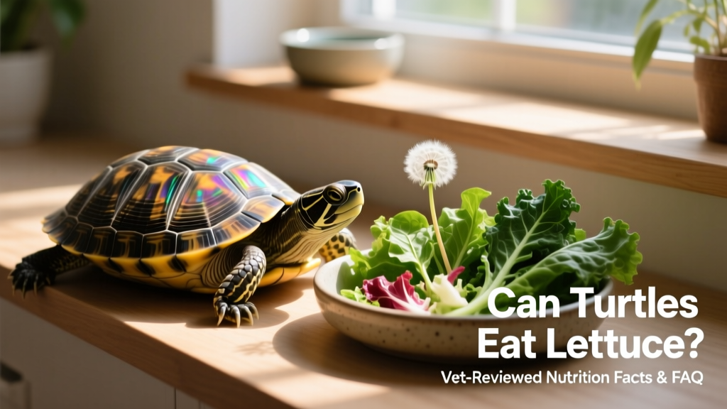Healthy adult turtle basking under UV light next to a shallow dish with mixed greens including dandelion and collard