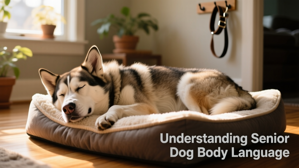 Senior husky mix resting peacefully on a heated dog bed, eyes closed, mouth slightly open in gentle panting