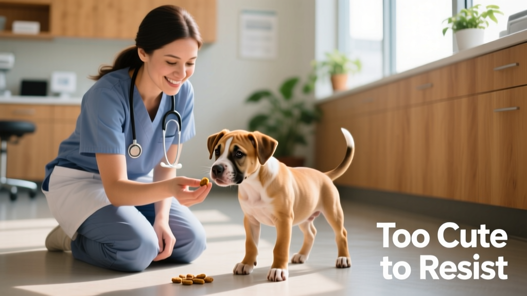 Friendly veterinarian kneeling beside Georgia on the floor, gently offering a treat while she sniffs curiously—calm, positive interaction
