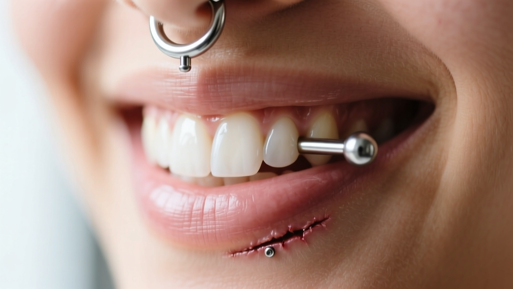 Close-up of a healed smiley piercing with a lightweight 16-gauge titanium horseshoe barbell resting gently against the upper gums.