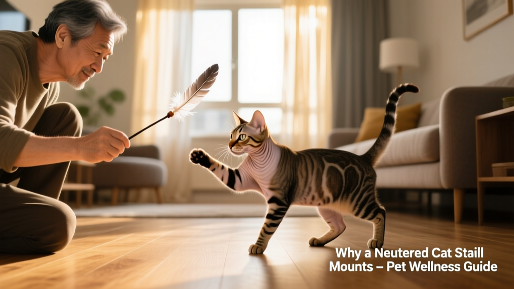 Cat owner calmly playing with a neutered cat using a feather wand toy, reinforcing positive behavior