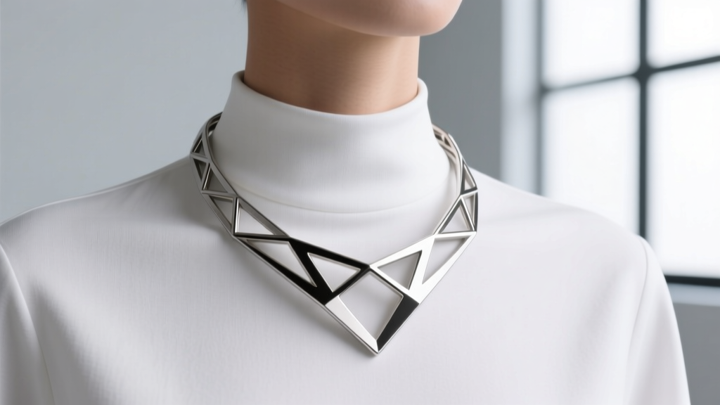 Matte titanium collar necklace on a white cotton boatneck shirt, showing its rigid geometric shape and lightweight metal structure.