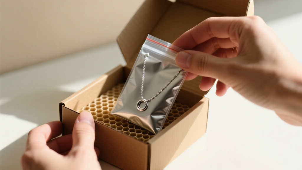 Hands placing a sealed anti-tarnish bag with a silver necklace into a small corrugated box lined with honeycomb paper wrap.