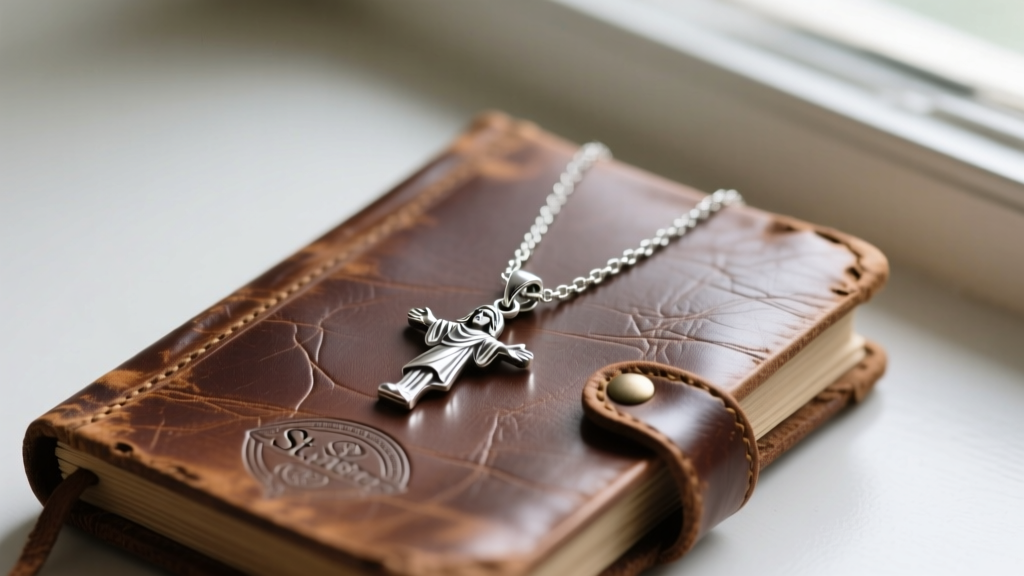 Polished sterling silver St. Christopher necklace resting on a vintage leather travel journal in soft window light
