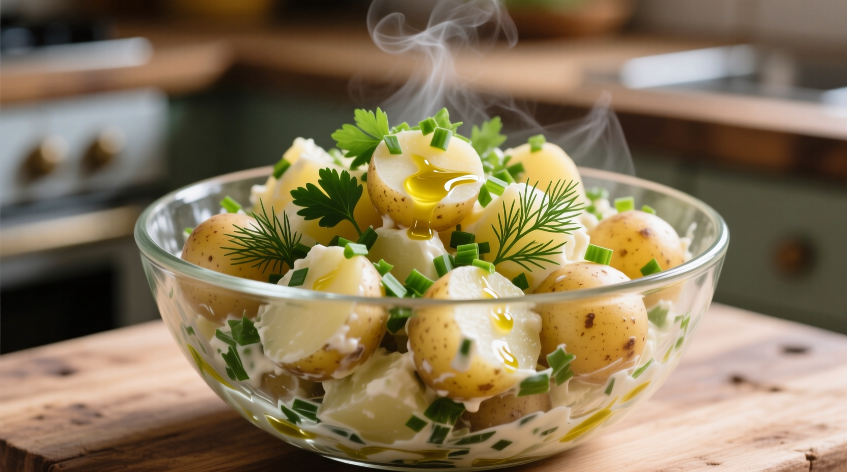 Perfectly textured potato salad in glass bowl with fresh herbs