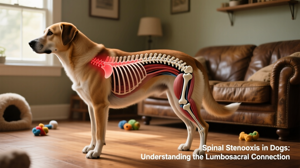 Side-view illustration of a dog's spine highlighting the lumbosacral region where stenosis occurs