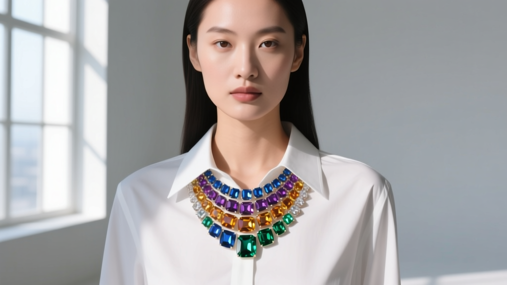 Editorial portrait of a model wearing a layered rainbow gemstone station necklace over a crisp white button-down shirt collar.