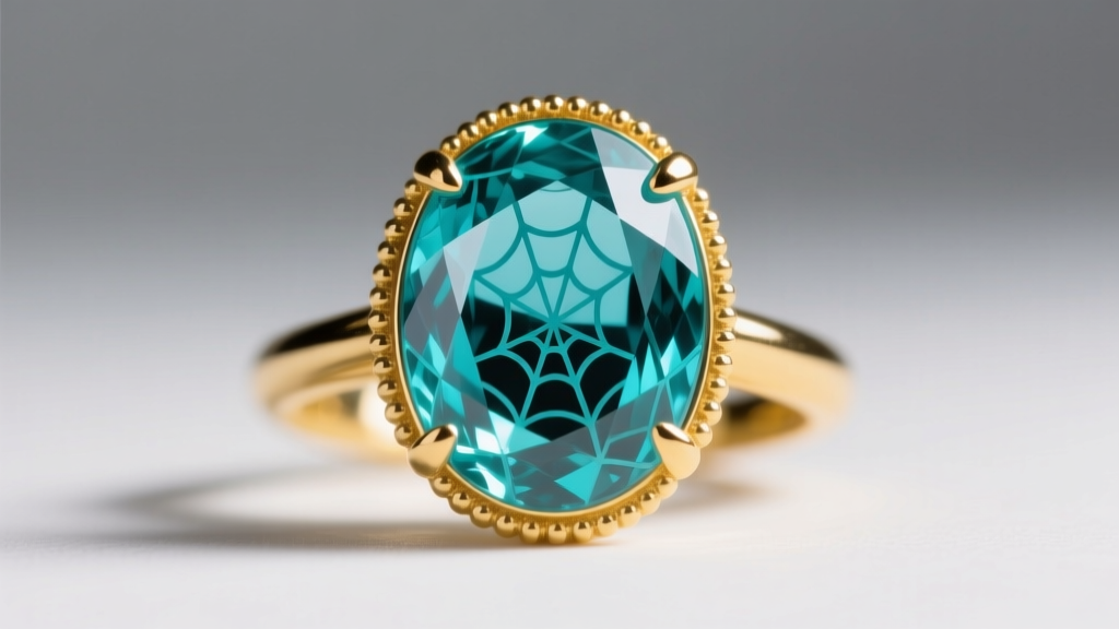 Close-up of a stabilized turquoise cabochon showing spiderweb matrix, set in a 14k gold bezel with a fine milgrain edge detail