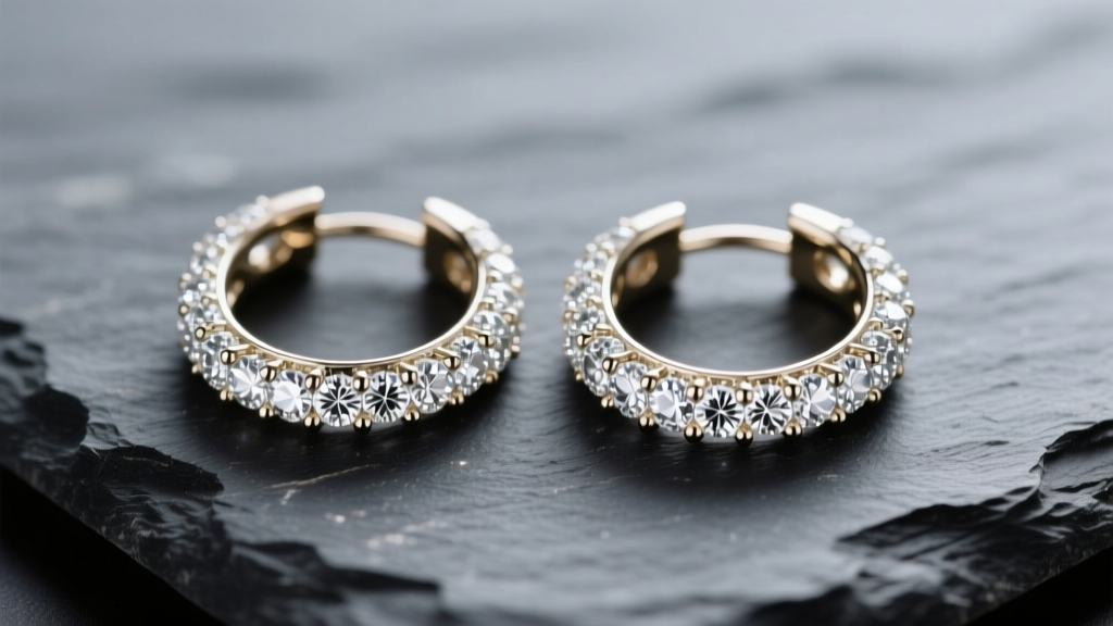 Macro shot of white gold pave diamond hoop earrings on dark slate, highlighting tiny micro-prongs holding brilliant melee stones.