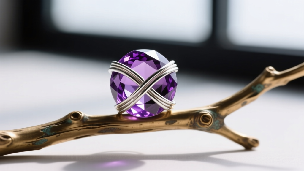 Macro shot of 26-gauge silver wire executing a tight figure-eight weave around a faceted amethyst bead on a brass tree branch.