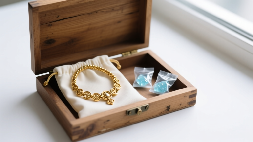 Open wooden box showing an anti-tarnish cloth pouch and a coiled gold replica Tudor necklace beside small silica gel packets.
