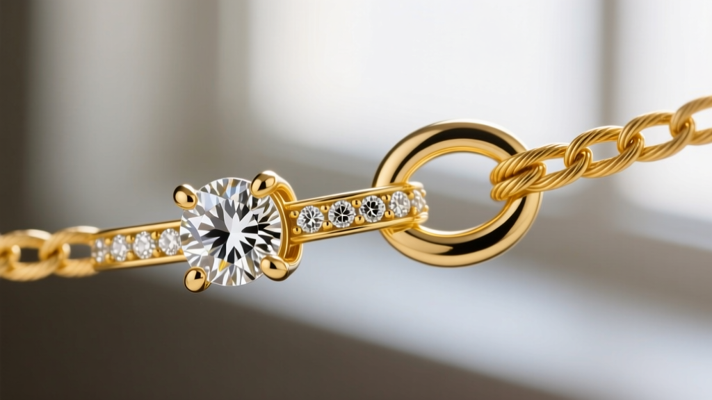 Macro shot comparing a prong-set diamond station link and a bezel-set diamond link on a delicate 18k yellow gold cable chain