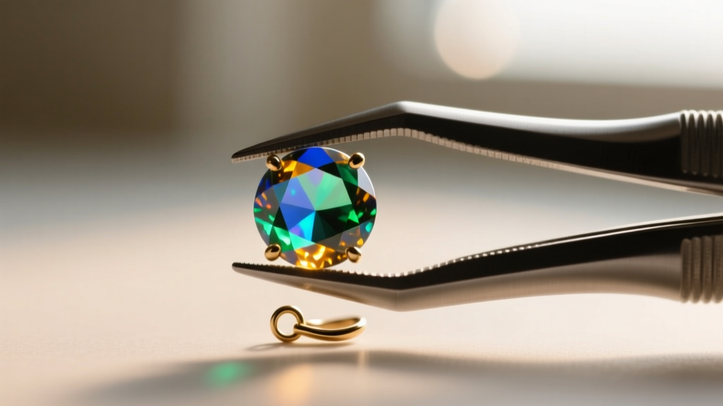 Silicone-tipped hemostats gripping a tiny 3mm opal gemstone ball on a stuck cartilage earring against a soft blurred background.