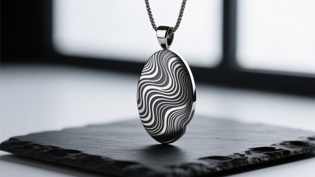 Macro shot of a twisted damascus steel pendant on dark slate, showing wavy silver and grey contrast patterns in soft studio light