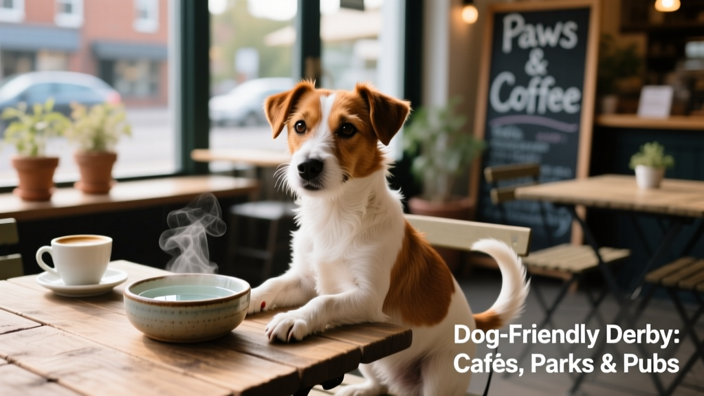 A friendly brown-and-white terrier sitting calmly beside a café table with a water bowl