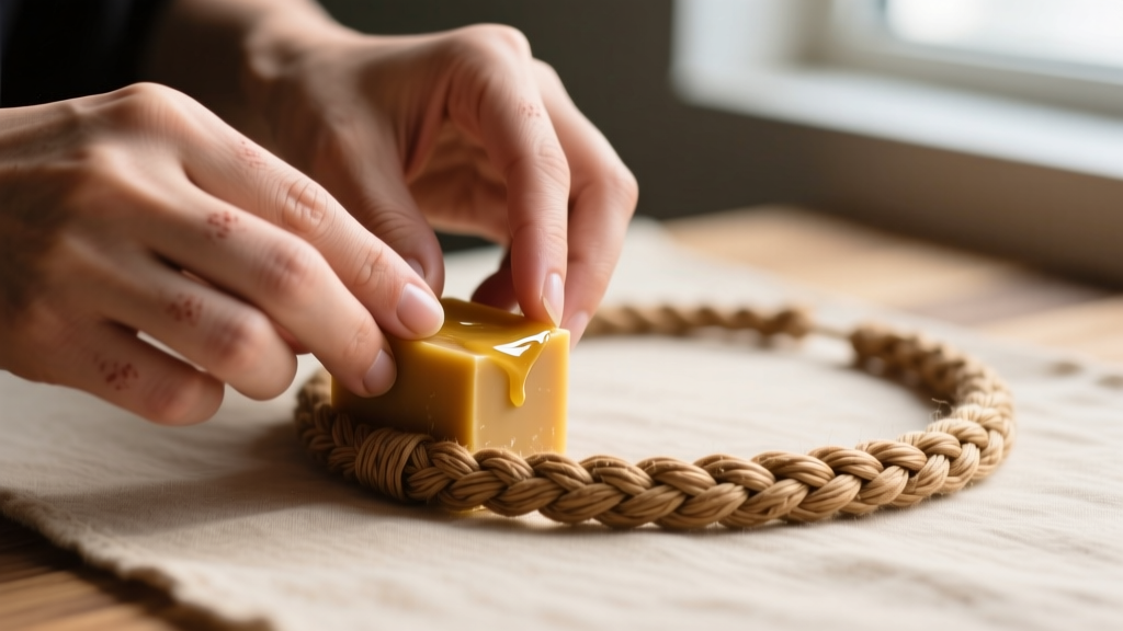 Hands applying a block of natural beeswax to a finished braided hemp necklace cord to seal the fibers and enhance water resistance
