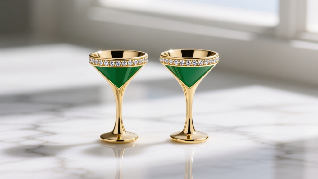 Close-up of gold-tone Kate Spade martini glass stud earrings with green enamel and pavé cubic zirconia on a white marble surface