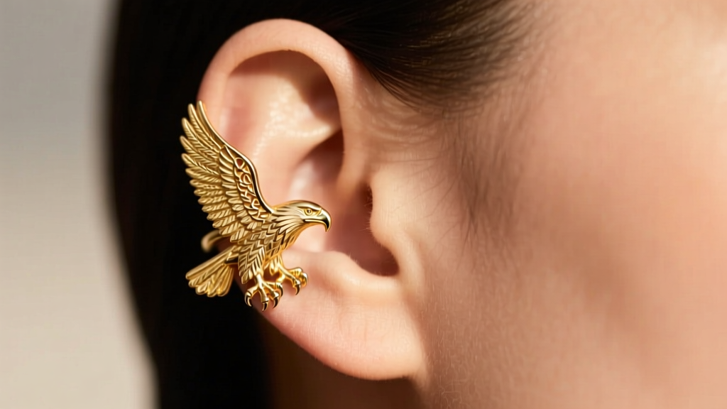 Profile view of 14k gold eagle ear cuff on upper helix cartilage, highlighting talon details against soft warm skin tones