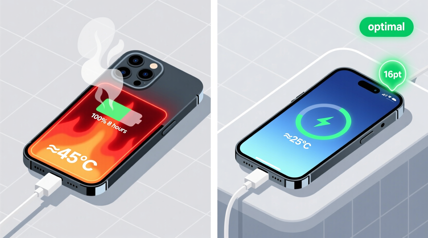 Side-by-side illustration: left shows a smartphone plugged in at 100% for 8 hours beside a thermal camera reading showing elevated surface temperature; right shows the same phone disconnected at 80%, resting at ambient temperature with a subtle green 'optimal' badge