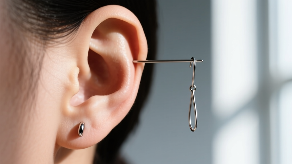 Close-up of a healthy earlobe on a 14-gauge titanium post next to a stretched lobe wearing a thin 20-gauge wire drop earring