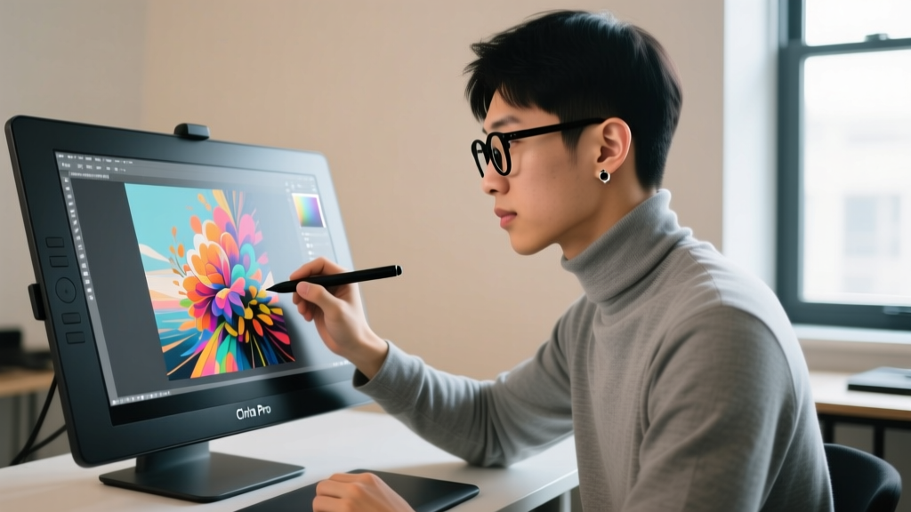 Close-up of a digital illustrator using a stylus on a Wacom Cintiq Pro display while editing a high-res composite photograph