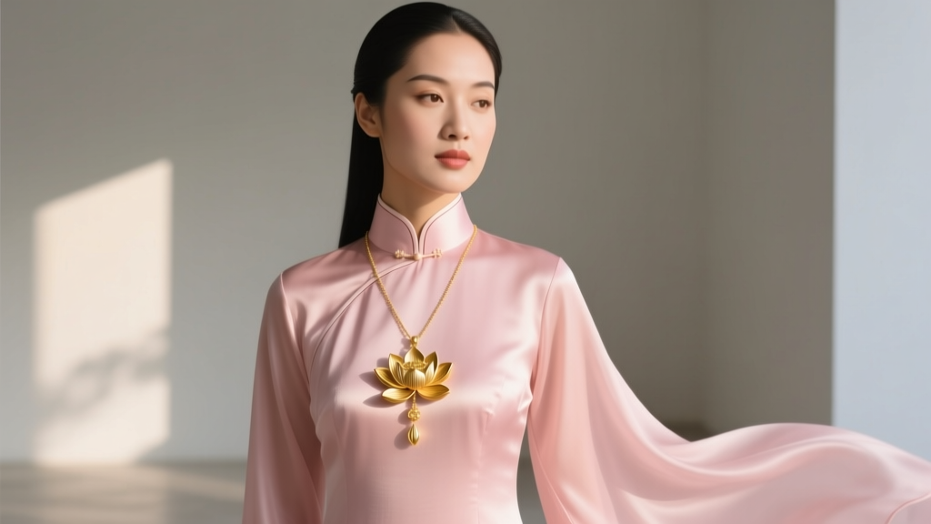 Woman in pastel pink silk Ao Dai with high mandarin collar, layered with delicate 18K gold lotus pendant necklace in warm light