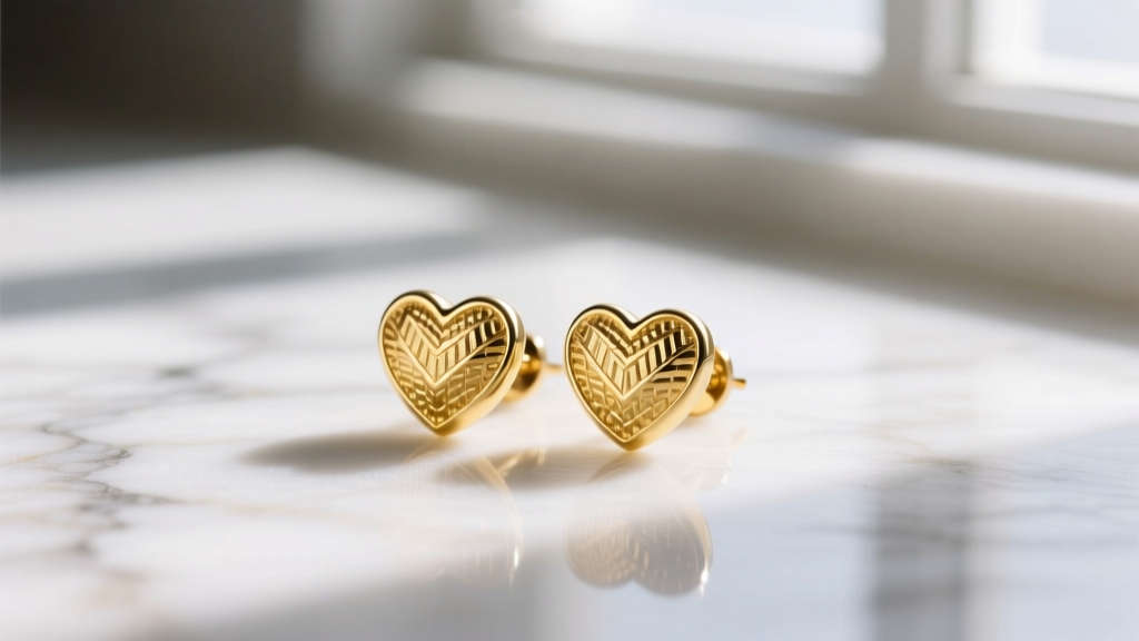 Close-up of 14k solid yellow gold heart stud earrings, 6mm size, resting on white marble surface with soft natural window lighting.