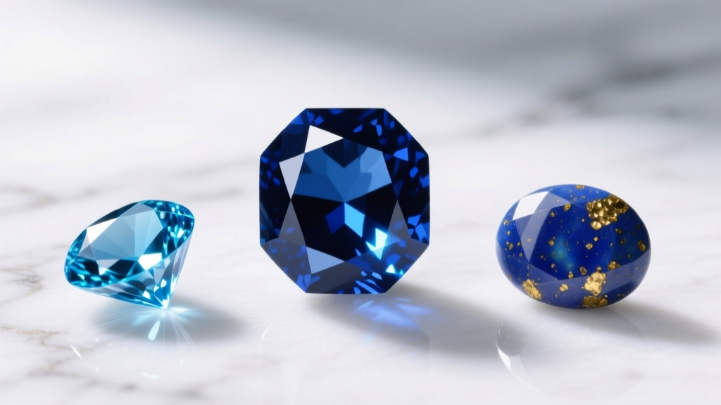 Macro photography on white marble showing a deep blue sapphire, vibrant London blue topaz, and speckled lapis lazuli cabochon.