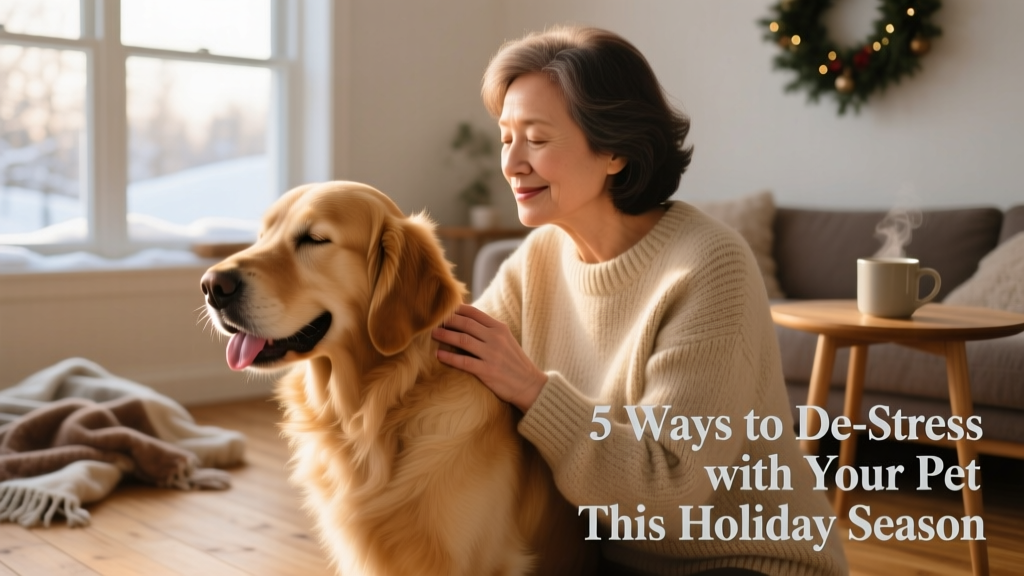 Person gently massaging a relaxed golden retriever’s shoulder