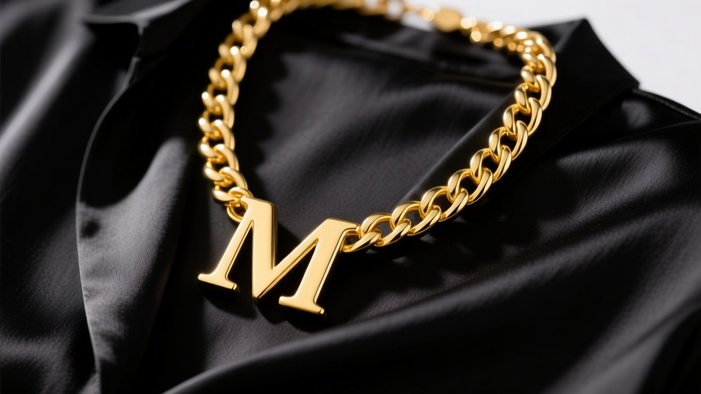 Close-up of a thick 14k yellow gold chunky initial necklace featuring a serif letter M resting on a black silk blouse, studio lit