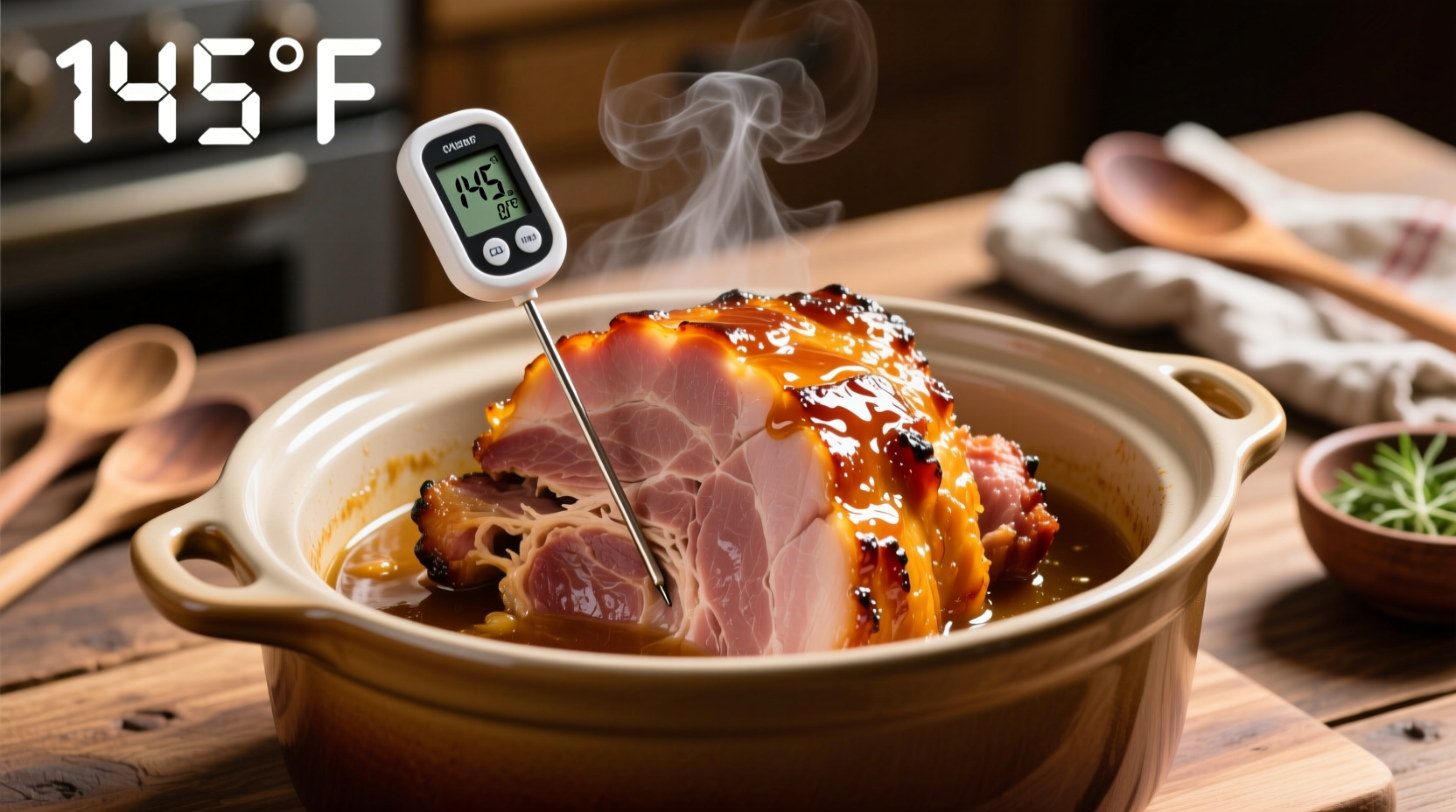 Sliced honey glazed ham in crock pot with thermometer