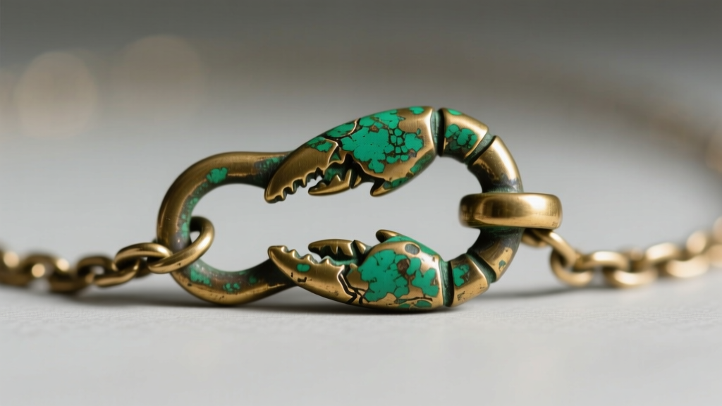 Macro shot of a tarnished brass lobster clasp on a 4mm curb chain, showing green patina and wear marks on the jump ring.