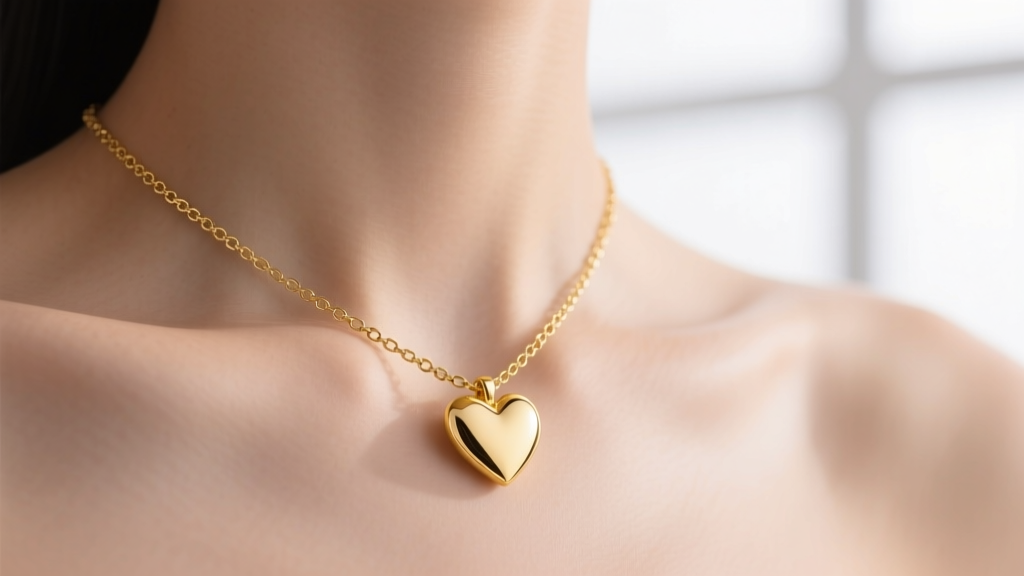 Macro shot of an 18k yellow gold floating heart necklace on a collarbone, highlighting the ultra-fine box chain.