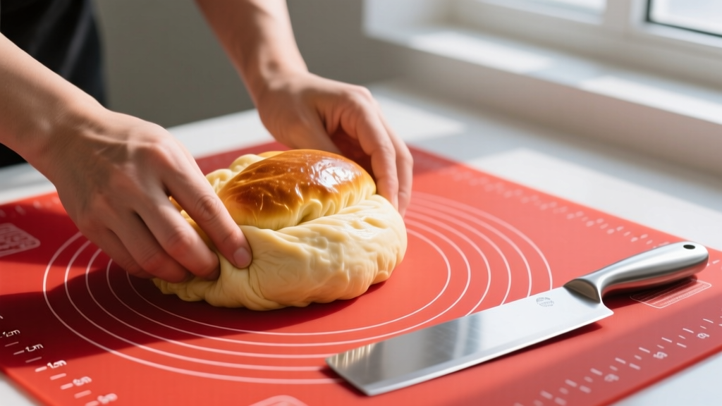 Hands kneading sticky brioche dough on a red silicone pastry mat with printed measurement grids, with a stainless steel bench scraper resting nearby