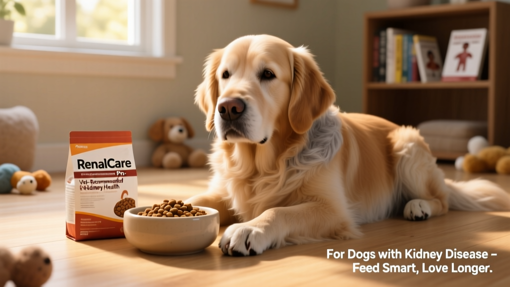 Senior dog gently resting beside a bowl of specially formulated kidney-support food