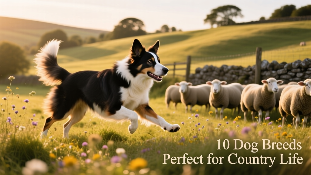 Border Collie mid-herding motion, eyes locked on sheep in a sunlit pasture