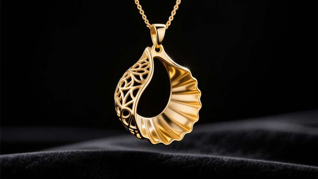 14k gold paper shell hollow-form pendant on dark velvet, soft studio lighting highlighting the intricate textured metal surface.