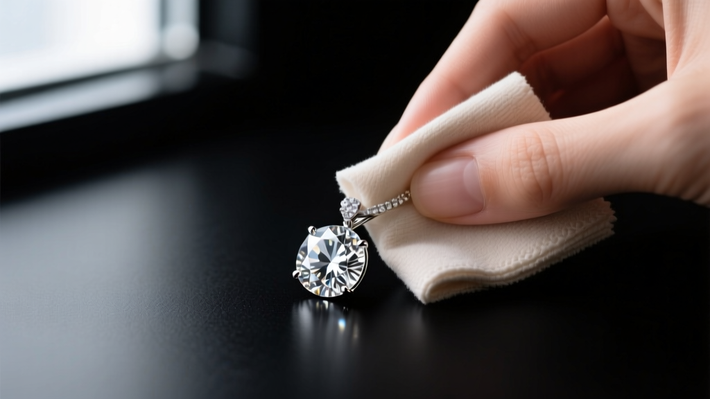Diamond pendant wiped with a soft cloth on a dark surface, showing proper care and maintenance technique for fine evening jewelry