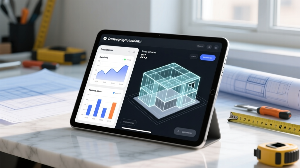 UI mockup of a construction size and scope calculator app on a tablet showing material cost breakdowns and 3D building wireframes