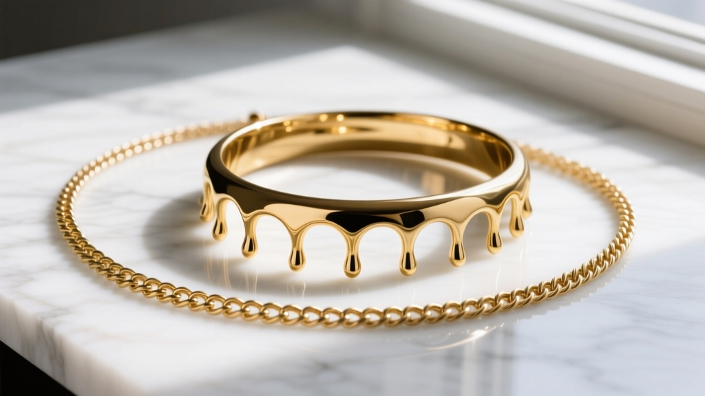 Flat lay of a layered set with a delicate cable chain and a heavy liquid gold drippy choker resting on a white marble surface