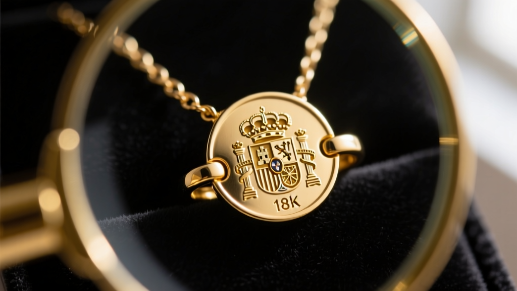 Macro shot of an 18k gold Spanish hallmark stamped on a necklace clasp, viewed through a jeweler's loupe against dark velvet.