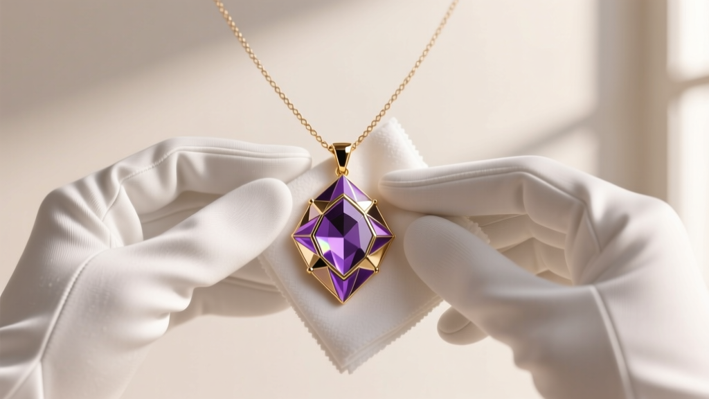 Hands wearing white cotton gloves gently wiping a geometric purple gold necklace pendant with a damp microfiber cloth.