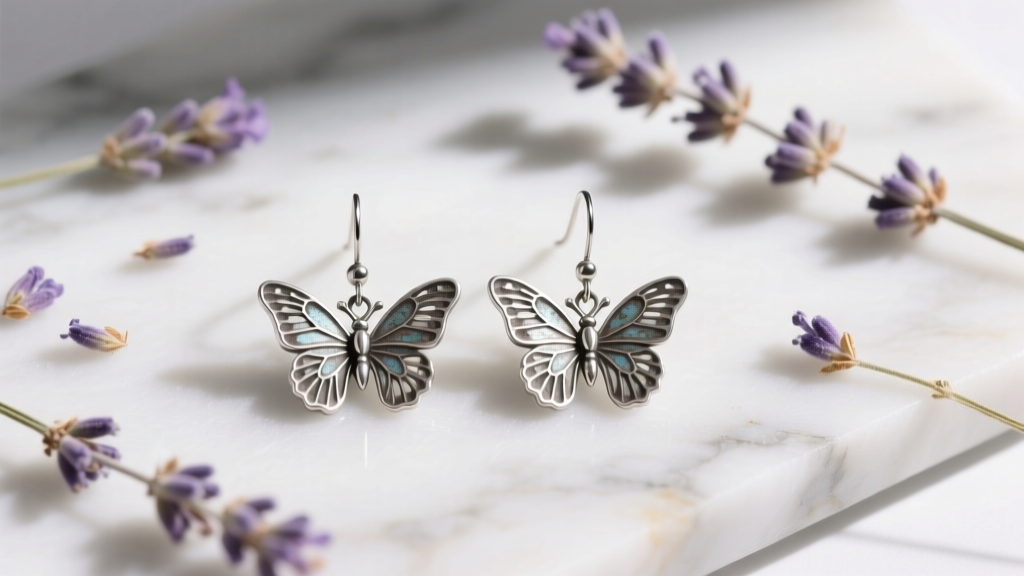 Flat lay of oxidized sterling silver butterfly dangle earrings on raw white marble, styled with dried lavender and soft shadows.