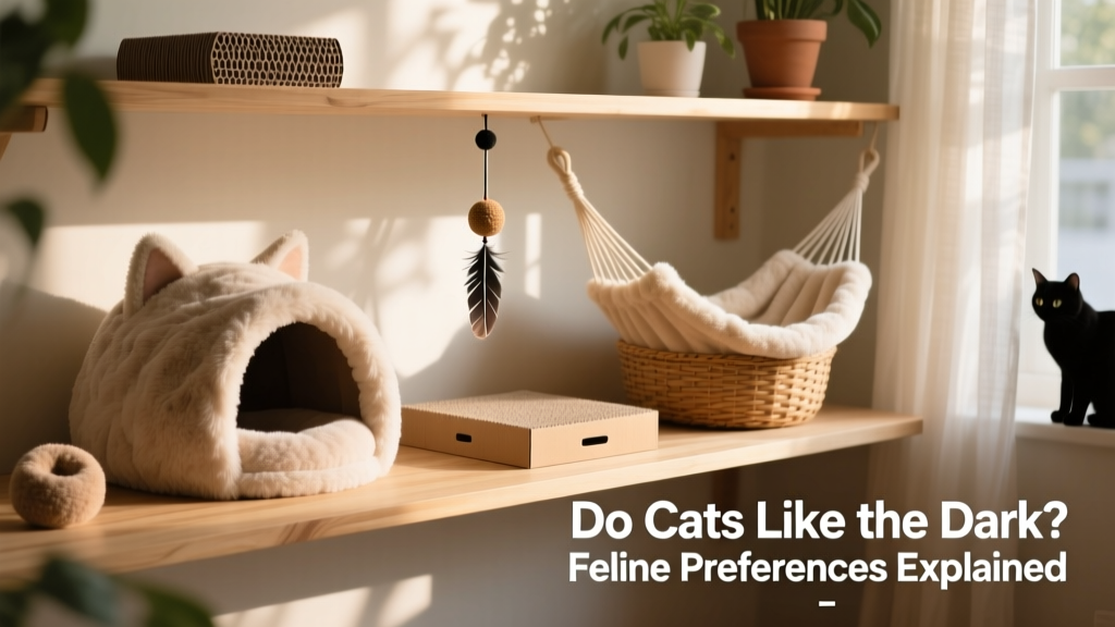 A selection of high-quality, cat-safe enrichment toys and cozy resting spots arranged neatly on a shelf